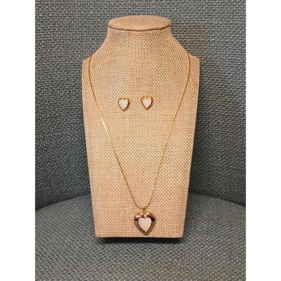 Jewelry - Gold Tone‎ Necklace with Heart Pendant and Pierced Heart Earrings Set